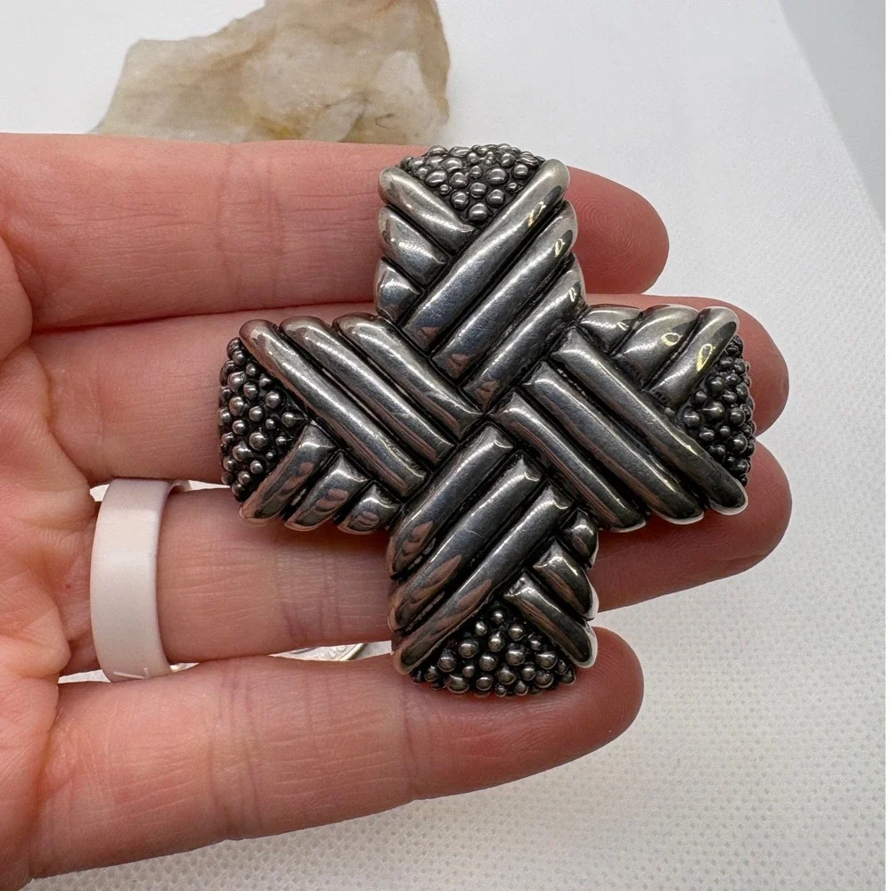 Vintage Carol Henry 925 Sterling Silver Cross Brooch Pendant Woven Textured 39g